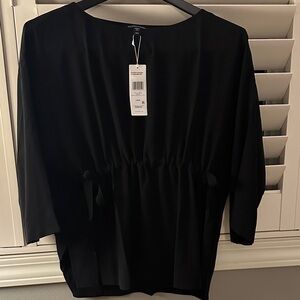 Eileen Fisher Black Silk Bateau Meck 3/4 Sleeve Drawstring Top